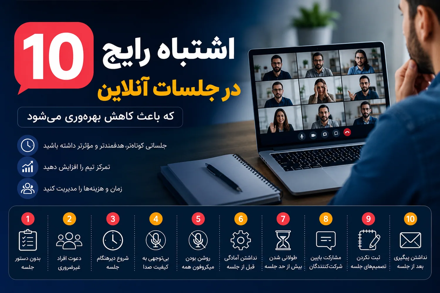 اینفوگرافی ۱۰ اشتباه رایج در جلسات آنلاین و راهکارهای افزایش کیفیت جلسه