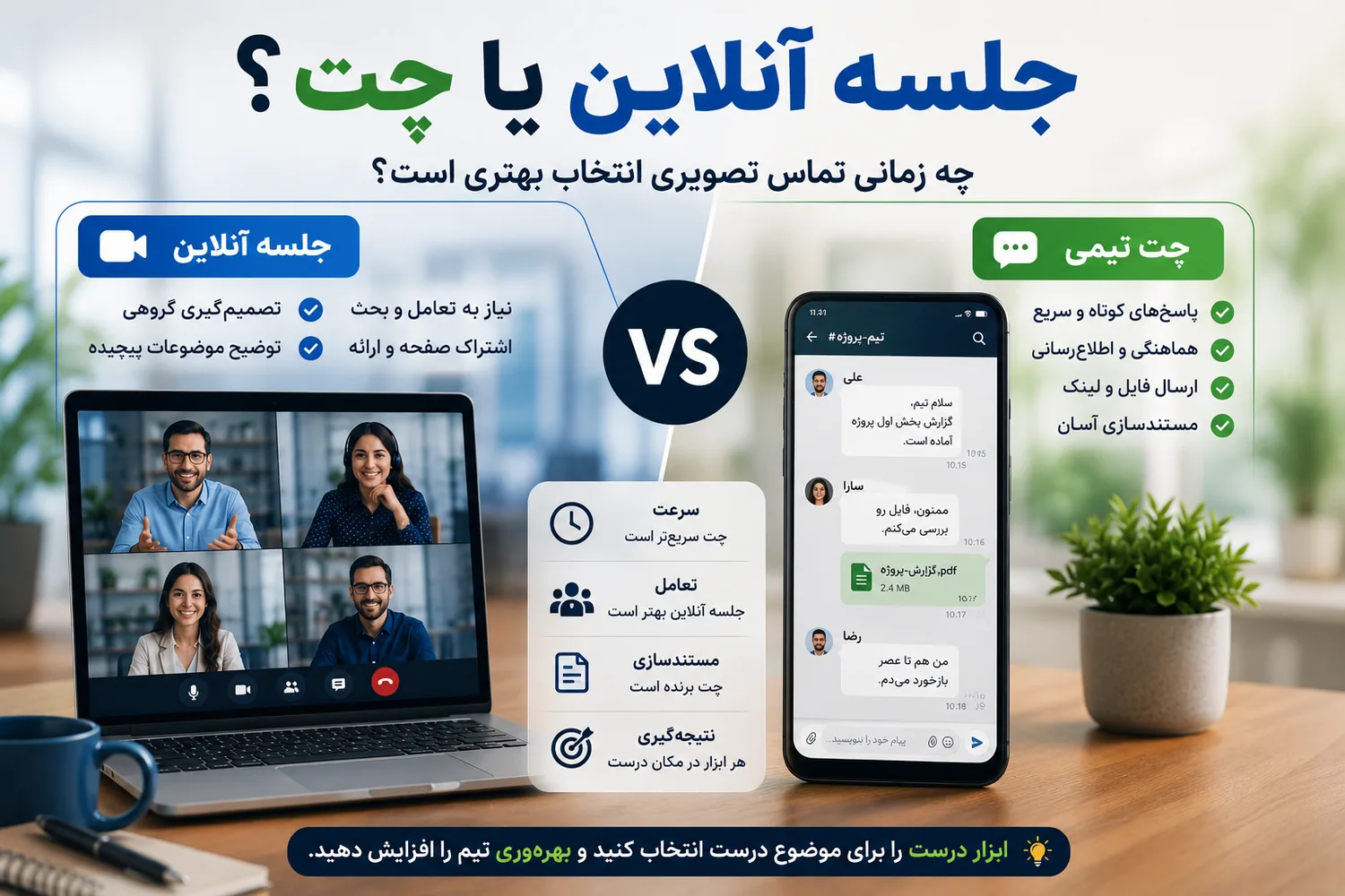 مقایسه جلسه آنلاین و چت برای افزایش بهرهوری تیم